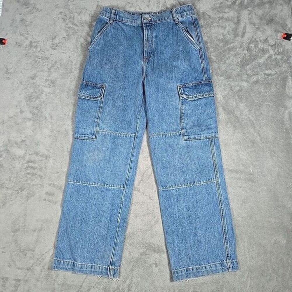 TopShop Cargo Jeans Women Size 30 Light‎ Wash Button Fly High Rise Double Knee